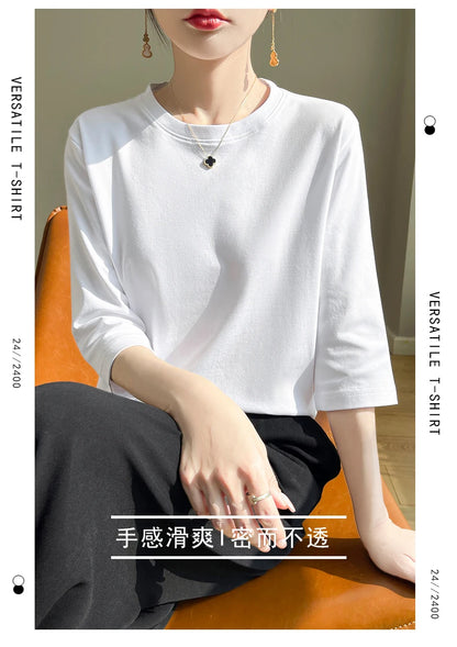 Spring And Summer New White Mercerized Cotton Short Sleeve T-Shirt Feminine Joker Cotton Cropped Sleeve Bottoming Shirt