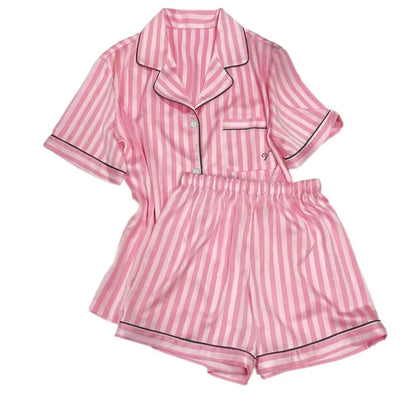 Large Size Women Pajamas Set Short-Sleeved Student Homewear Two-Piece Cardigan Lapel Senior Sense of Striped Short-Sleeved Short