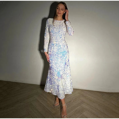 Elegant Sequin Printed Maxi Dresses Women's 2025 Summer Party Gowns Long Sleeve High Waist Slim Round Neck Lady  Evening Dress