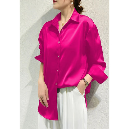 French Elegant Women Satin Glossy Shirt Summer Solid Loose Long Sleeve Blouses Office Lady's All-Match Shirt Vintage Casual Top