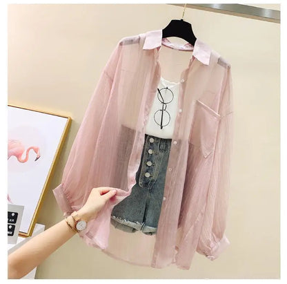 Summer sunscreen chiffon blouse Korean Harajuku style loose casual women's cardigan elegantly perforated top sheer fashionable