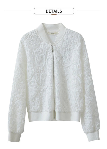 AMII Minimalist Zipper Jacket Women 2025 Spring New V Neck Stereoscopic Hollow Flowers Drop Sleeve Loose Casual Tops 12541004