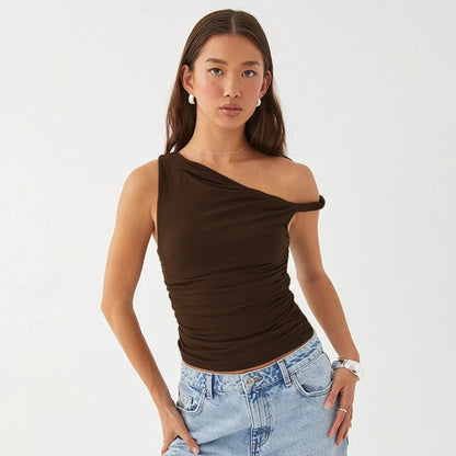 Simple Basic Casual Summer Tank Top Sleeveless Solid Color Off Shoulder Side Ruched Crop Tops Vestidos Spring Women T S