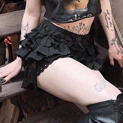 AltGoth Mall Goth Lolita Lace Shorts Women Aesthetic Cute Sweet Bow Patchwork Shorts Y2k E-girl Emo Alternative Kawaii Outfits