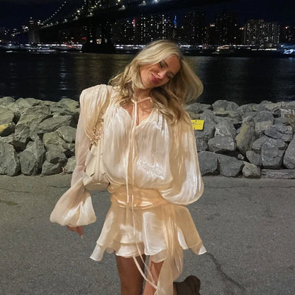 Elegant Ruffles Shiny Mini Dresses Fashion Solid Long Sleeve Lace Up V Neck Pleated Dress New Summer Party Women's Vestidos 2025