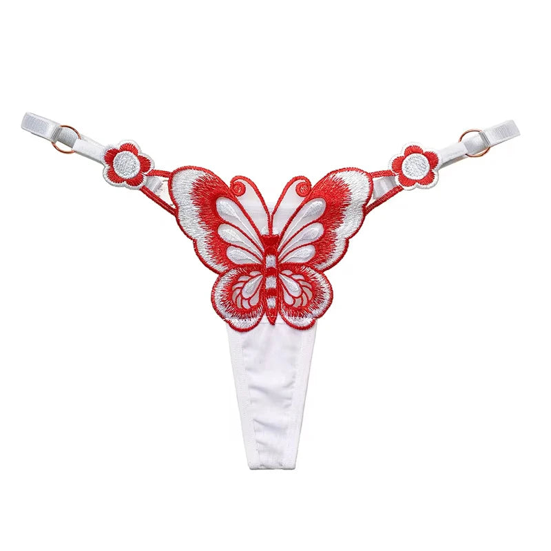Sexy Lace Thong Women Butterfly Low Waist Panties G strings Transparent Mesh Briefs Adjustable Waist Panties Culotte Femme