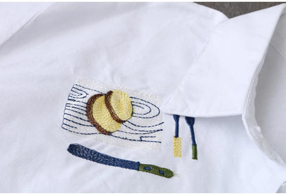 Women Cotton Embroidery Loose Long White Shirts 2025 Spring Autumn New Casual Office Lady Blouse Female Top Loose shirt