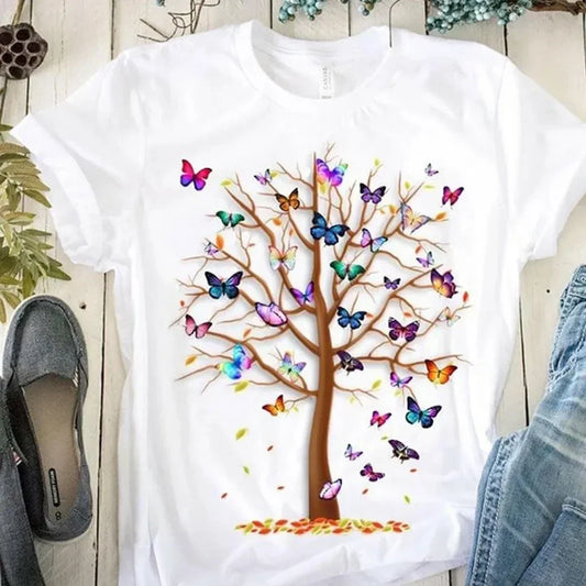 Butterfly Tree Print Harajuku Women's T-Shirt 