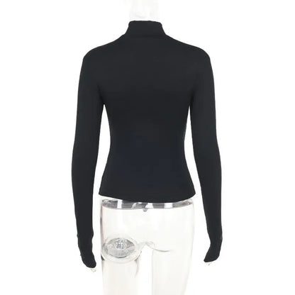Turtleneck Top Y2k Clothes Black Gothic Cross Hollow Slimming Bottom T Shirt for Women Long Sleeve Sexy T-shirt Girls Tops
