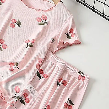Girls Summer Pajama Set Cherry Blossom Print 4-Way Stretch Shorts & Tee Breathable Modal Blend for Bedtime and Playtime for 1-8Y
