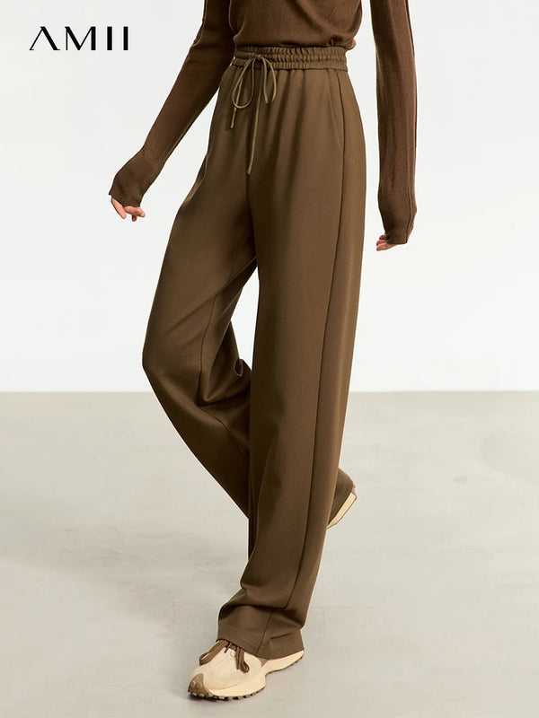 AMII Minimalism Casual Pants for Women 2025 Spring Wide Leg New Loose Vertical Elastic Waist Drawstring Sporty Trousers 12343338