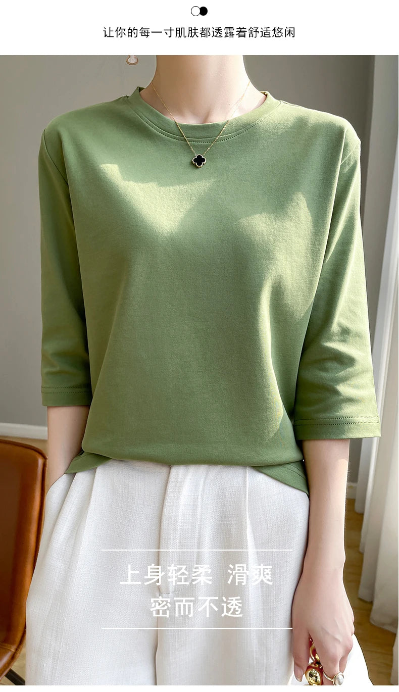 Spring And Summer New White Mercerized Cotton Short Sleeve T-Shirt Feminine Joker Cotton Cropped Sleeve Bottoming Shirt