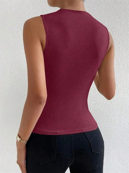 Women's Casual Mock Neck Ruched Tank Top Summer 2024 Solid Color Slim Fit Pleated Sleeveless T Shirt Tee Tshirt Streetwear
