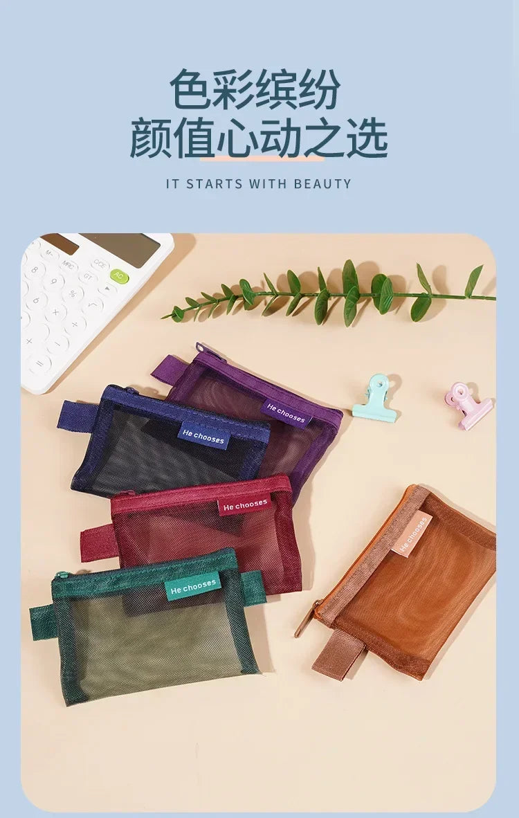 Small Square Solid Color Coin Bag Nylon Mesh Lipstick Key Earphone Organizer Holder Bus Bank ID Credit Cards Pouch Case Storage