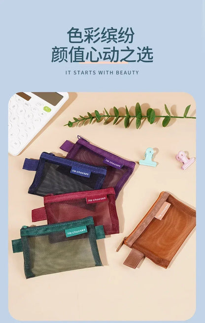 Small Square Solid Color Coin Bag Nylon Mesh Lipstick Key Earphone Organizer Holder Bus Bank ID Credit Cards Pouch Case Storage