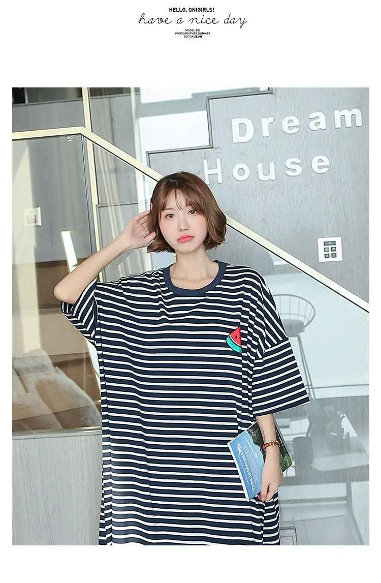 Summer Pajama Dress Female Short-Sleeved Cartoon Homewear Lengthened Plus Size Striped Student Pajamas Easy To Wash Long Clothes