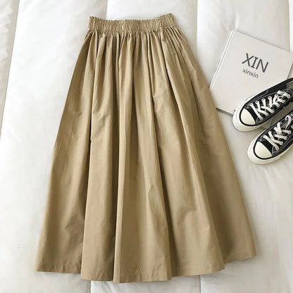 Women White Long Skirt Fashion Pockets Pleated Knee Length Skirts Autumn 2024 New Casual Elegant High Waist A Line Femme Skirts