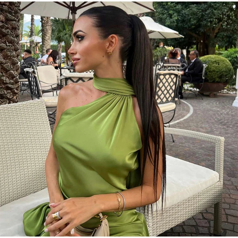 Elegant Solid Ribbon Women Halter Dress Off Shoulder Sleeveless Backless Slim Female Maxi Dresses 2025 Summer New Chic Lady Robe