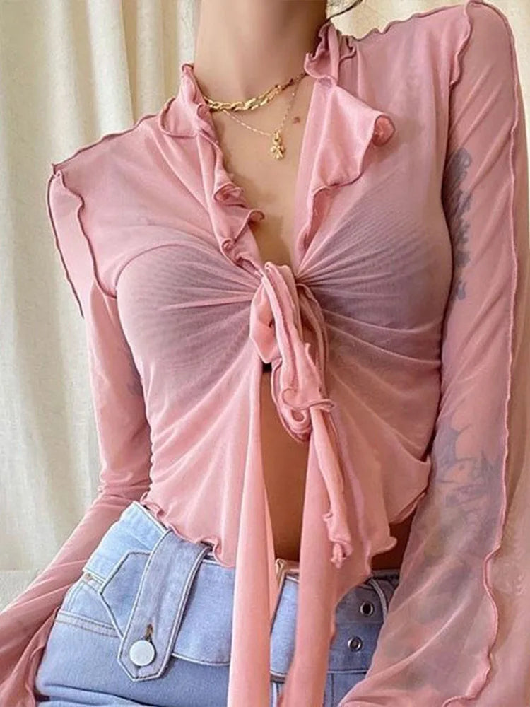 Long Flare Sleeve Blouses for Women Lace-up Mesh Sexy Sweet Hot Girls Korean Fashion Style All-match Solid Design Elegant Casual