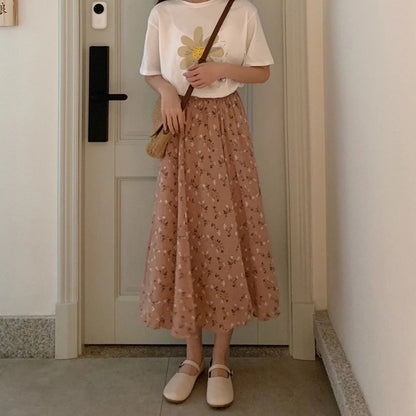 Vintage Floral Print A-line Pleated Long Skirts Summer Women 2024 Korean Skirt Streetwear Drawstring Elastic Waist Midi Skirt