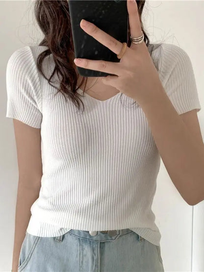 AOSSVIAO 2025 Basic V-neck Solid Thin Summer Pullover Women Female Knitted Ribbed Sweater Slim Short Sleeve Bodycon Sweater