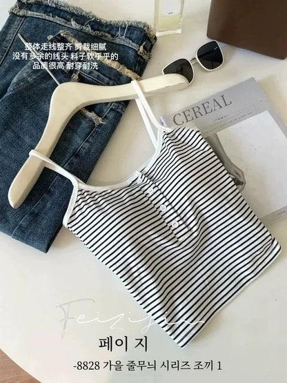White Stripe Small Cami Women Autumn Gyaru Sexy Button Slim fit Short With Chest Pad Top NS5861