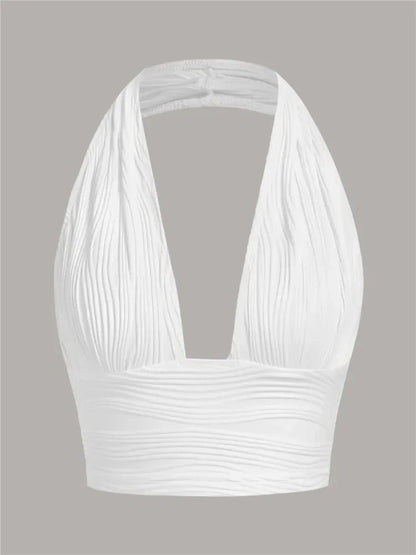 Solid White Backless Crop Halter Top Women Summer Y2K Club Grunge Clothes Deep V-neck Backless Sleeveless Tank Top Streetwear