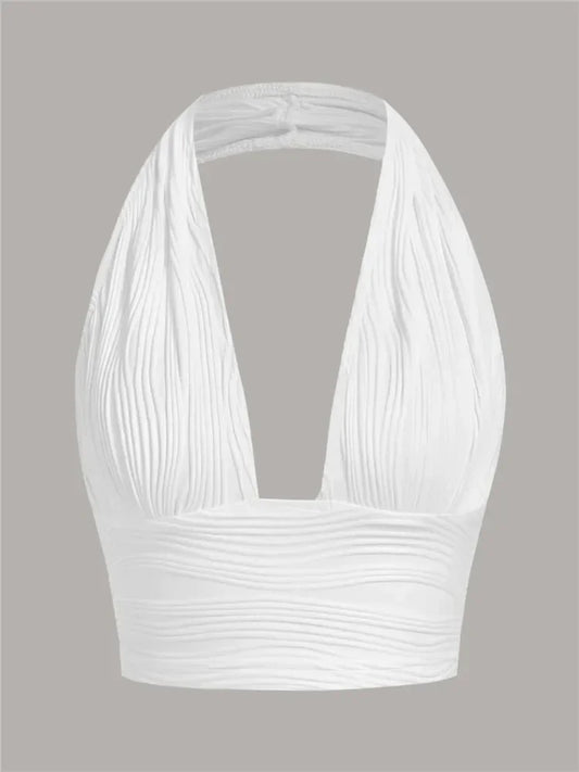 Solid White Backless Crop Halter Top Women Summer Y2K Club Grunge Clothes Deep V-neck Backless Sleeveless Tank Top Streetwear