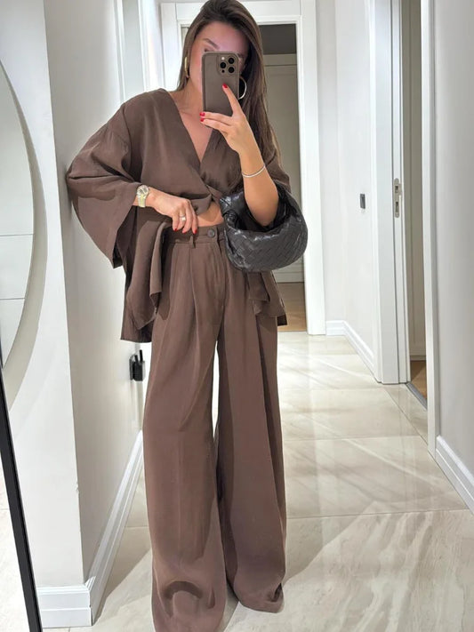 Women Classic Solid Wide Leg Pants Suits Summer Fashion V-neck One Button Loose Blouse Sets Casual Female Daily Streetwear 2025