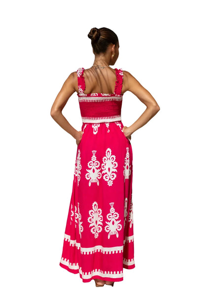 2025 Summer Fashion New Women's Bohemian Style Dress Beach Vacation Printed Strap Fold A-line Length Dress