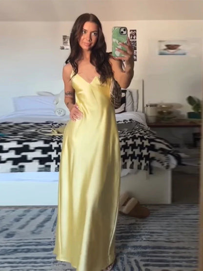 Yellow Elegant Stain Women's Sling Dress Sexy Backless Sleeveless V Neck High Waist Evening Gown Summer Chic Lady Partywear 2025