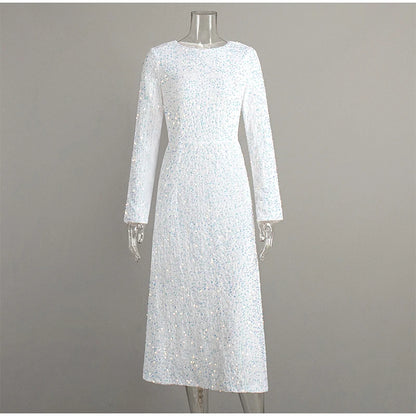 Elegant Sequin Printed Maxi Dresses Women's 2025 Summer Party Gowns Long Sleeve High Waist Slim Round Neck Lady  Evening Dress