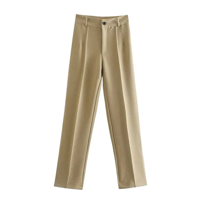 TRZA Women Chic Fashion Office Wear Straight Pants Vintage High Waist Zipper Fly Female Trousers Mujer