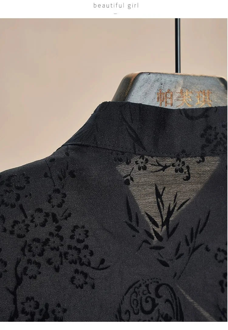 Retro Thin Shirt New Chinese Style Cheongsam Top Black Jacquard Short Sleeve T-shirt Summer Mature Fashion Women's Clothing