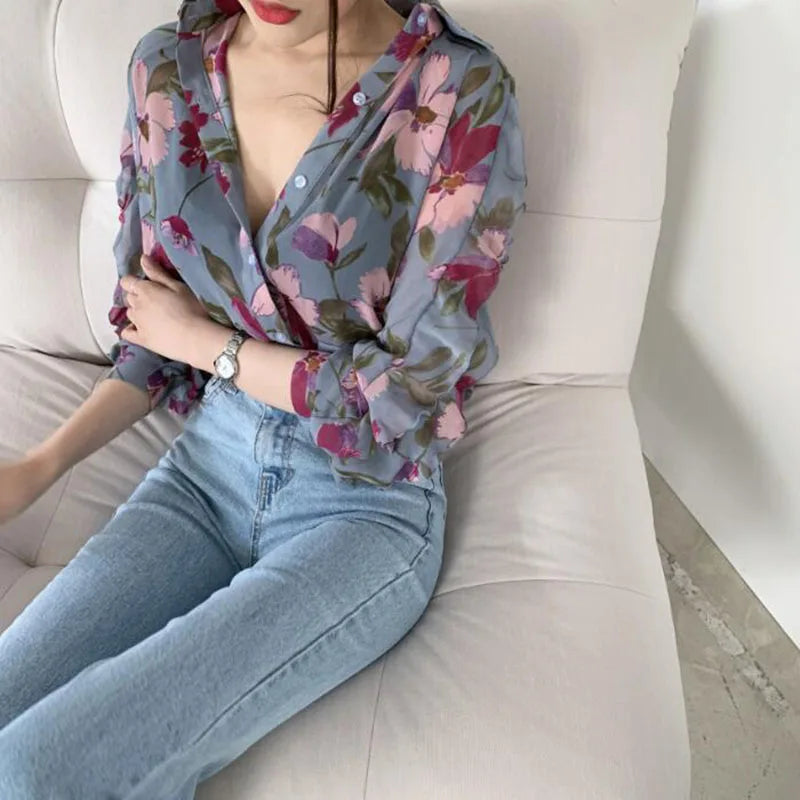 1pc Spring Fall Casual Chiffon Floral Print Sleeve Lapel Button-up Vintage Elegant Transparent Thin Slim Fit Blouses