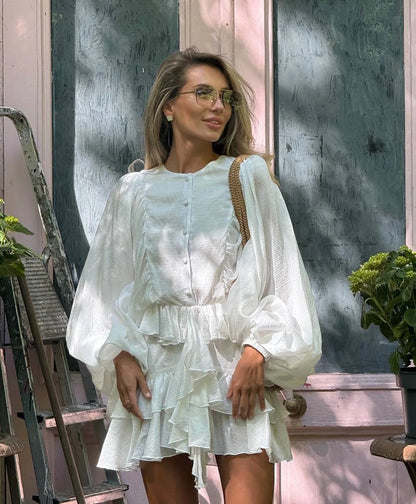 Fashion Women's Ruffles Short Dress Elegant Round Neck Lace Up Lantern Long Sleeve Mini Vestido Chic Female 2025 Solid Dresses