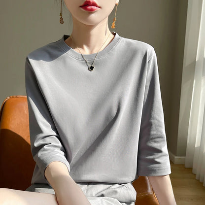 Spring And Summer New White Mercerized Cotton Short Sleeve T-Shirt Feminine Joker Cotton Cropped Sleeve Bottoming Shirt