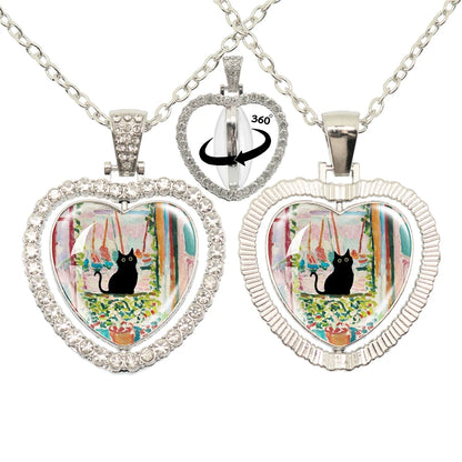 Lovely Little Cat Glass Cabochon 360 Degree Rotating Heart Shaped Pendant With Double-Sided Necklace For Girls' Birthday Gift Je