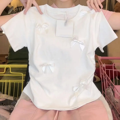 Elegant Ballet Bowknot T Shirts Round Collar Japanese Style Women Top Solid Color Short Sleeve Ribbon Crop Tank Top Women Girl