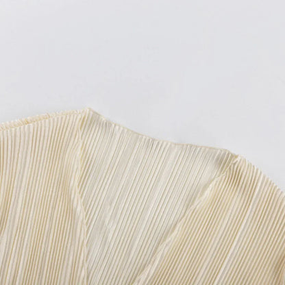 2025 Women Pleated Plain Shirts Spring Fall Chic Long Flare Sleeve V- Neck Tie Up Cardigans Tops for Casual Party Street