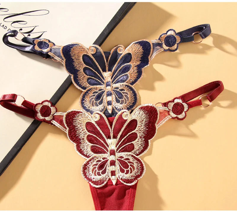 Sexy Lace Thong Women Butterfly Low Waist Panties G strings Transparent Mesh Briefs Adjustable Waist Panties Culotte Femme