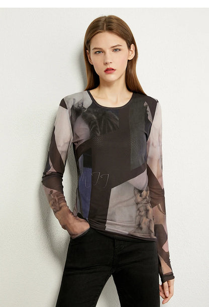 AMII Minimalism Long sleeve T-shirts for Women 2025 Spring New Bottoming Shirt Mesh Printing Inside Slim Trendy Tops 12421003