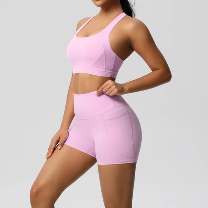 2PCS Sportswear With Pocketed Yoga Set Gym Clothes Yoga Suits For Women Tracksuits Sports Shorts Crossover Bra Gym Leggings
