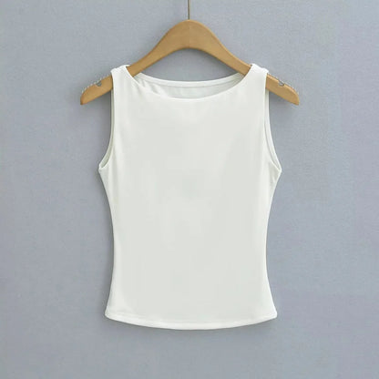 Women Double Layer Boat Neck Soft Slinky Tank Top