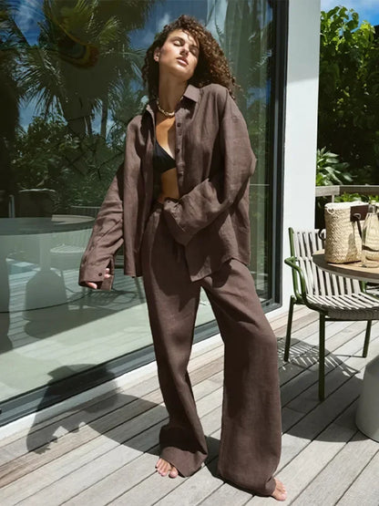 Classic Solid Shirt Pants Set Women Casual Loose Long Sleeved Lapel Elastic Waist Two Piece Suit 2025 New Summer Street Outfit