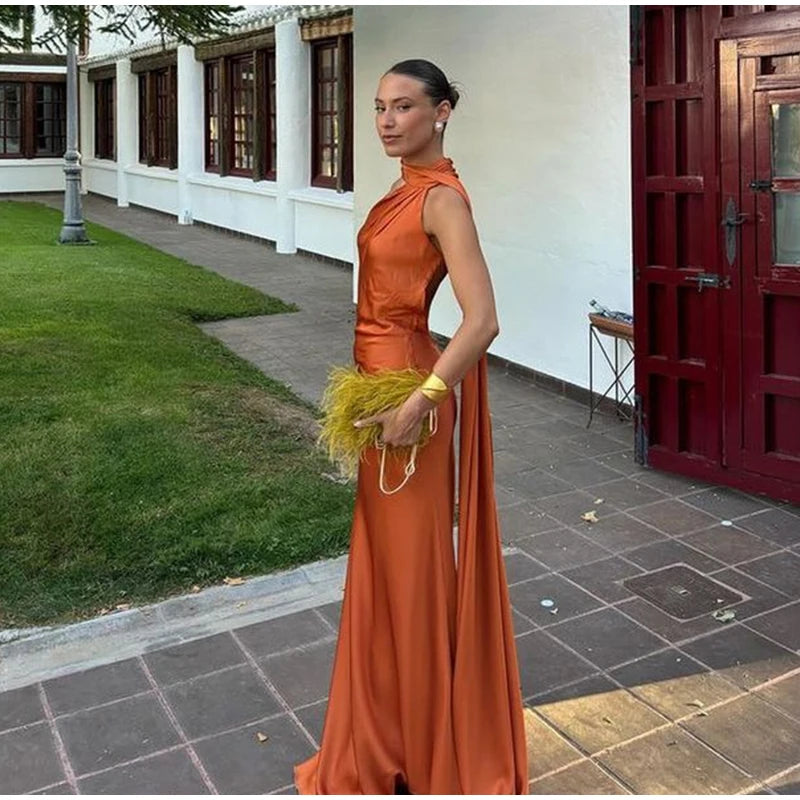 Elegant Solid Ribbon Women Halter Dress Off Shoulder Sleeveless Backless Slim Female Maxi Dresses 2025 Summer New Chic Lady Robe