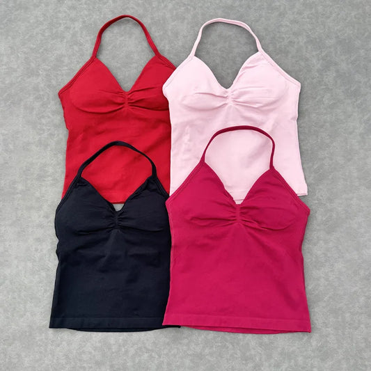 HBC Sexy V Neck Gym Tank Top Longline Strappy Vest Women Seamless Sports Running Tank Top Slim Fit Yoga Padded Workout