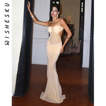 Sexy Off Shoulder Mesh See Through Maxi Dress Women Backless Ruched Elegant Gown 2025 Summer Night Prom Birthday Outfits