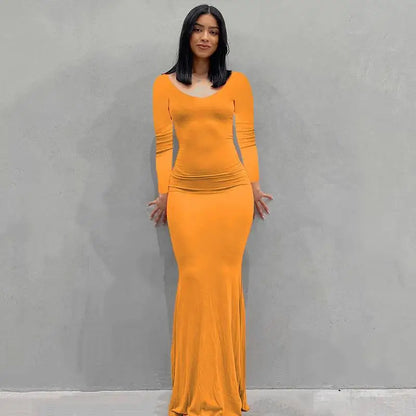2025 Autumn Long Sleeve Dresses For Women Sexy V Neck Bodycon Solid Elegant Long Dress Y2k Skinny Trumpet Maxi Vestidos