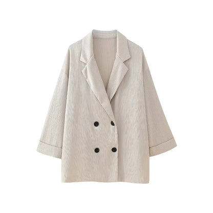TRZA-Women's Double-Breasted Loose Blazer Coat and High Elastic Waist Wide Leg Pants, Female Two Piece Sets, Fashion